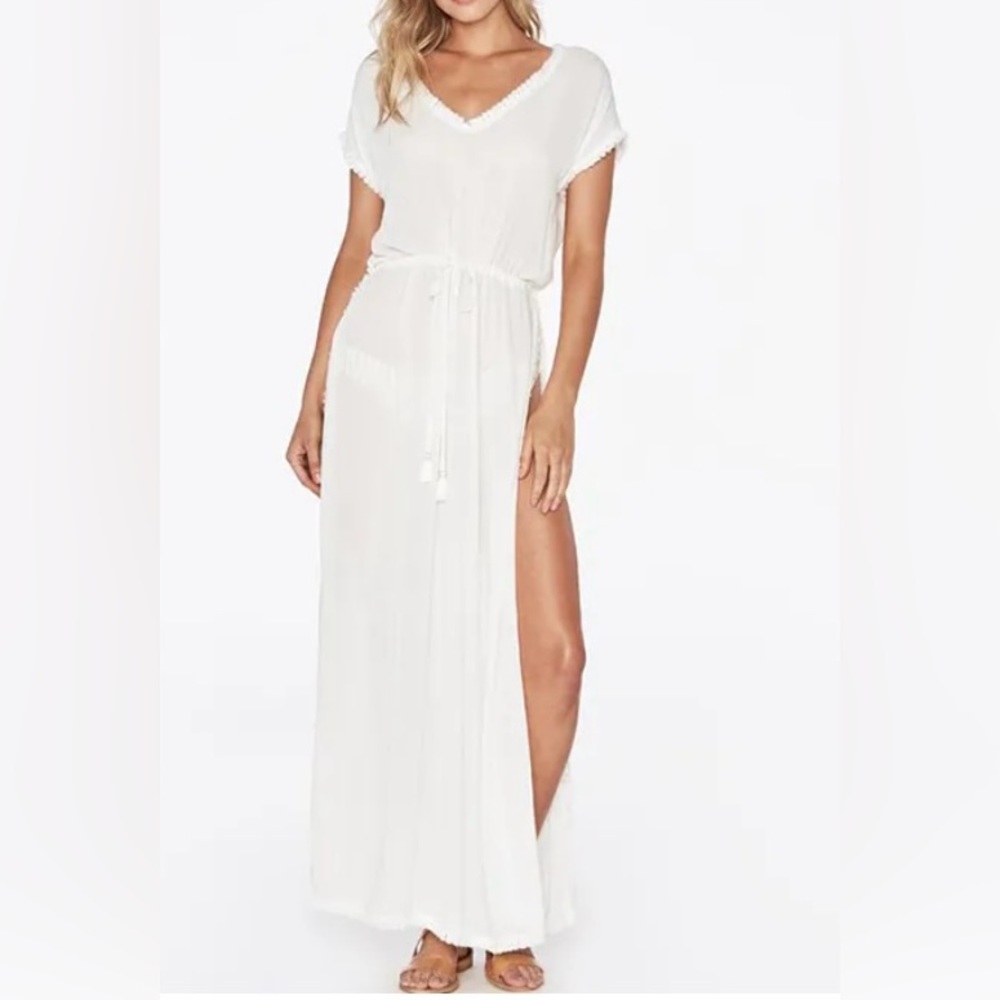 NOVEAU COVERUP by L*SPACE white gauzy maxi side slits frayed edges medium
